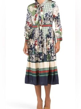 Dalia Macphee NWT Floral Tie-Neck Midi Dress in Navy, Green, Red & Cream